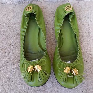 Size 9 Tory Burch Reese Tassel Flats Green Leather with Golden Trim